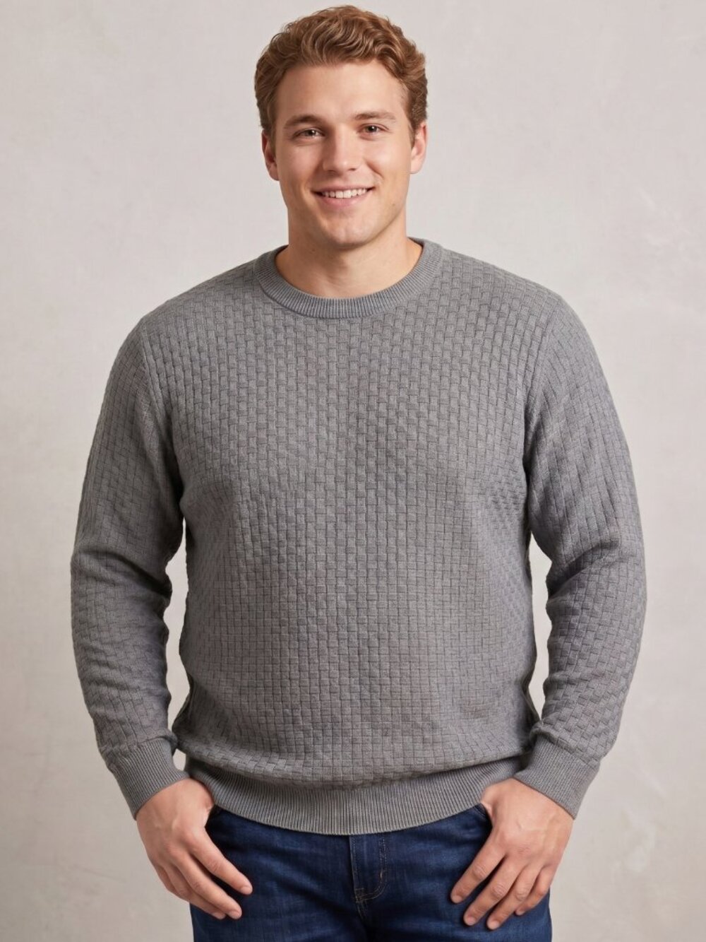 NIP Mens Gray Textured Basketweave Crew Neck Long Sleeve Pullover Sweater XL
